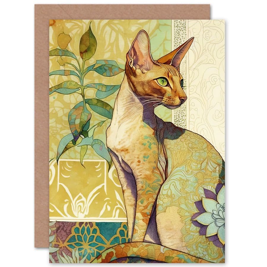 Birthday Card Shorthair Cat with Art Nouveau Botanical Patterns Colourful Watercolour Art Birthday