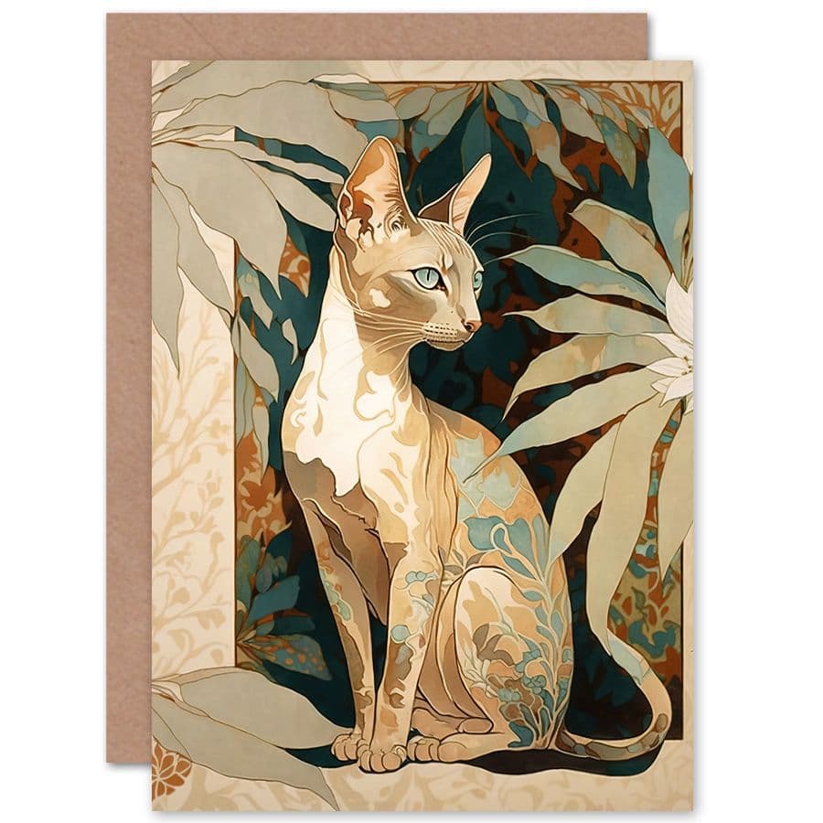 Birthday Card Shorthair Cat Botanical Pattern Fur and Plants Modern Art Nouveau Watercolour Art Birthday