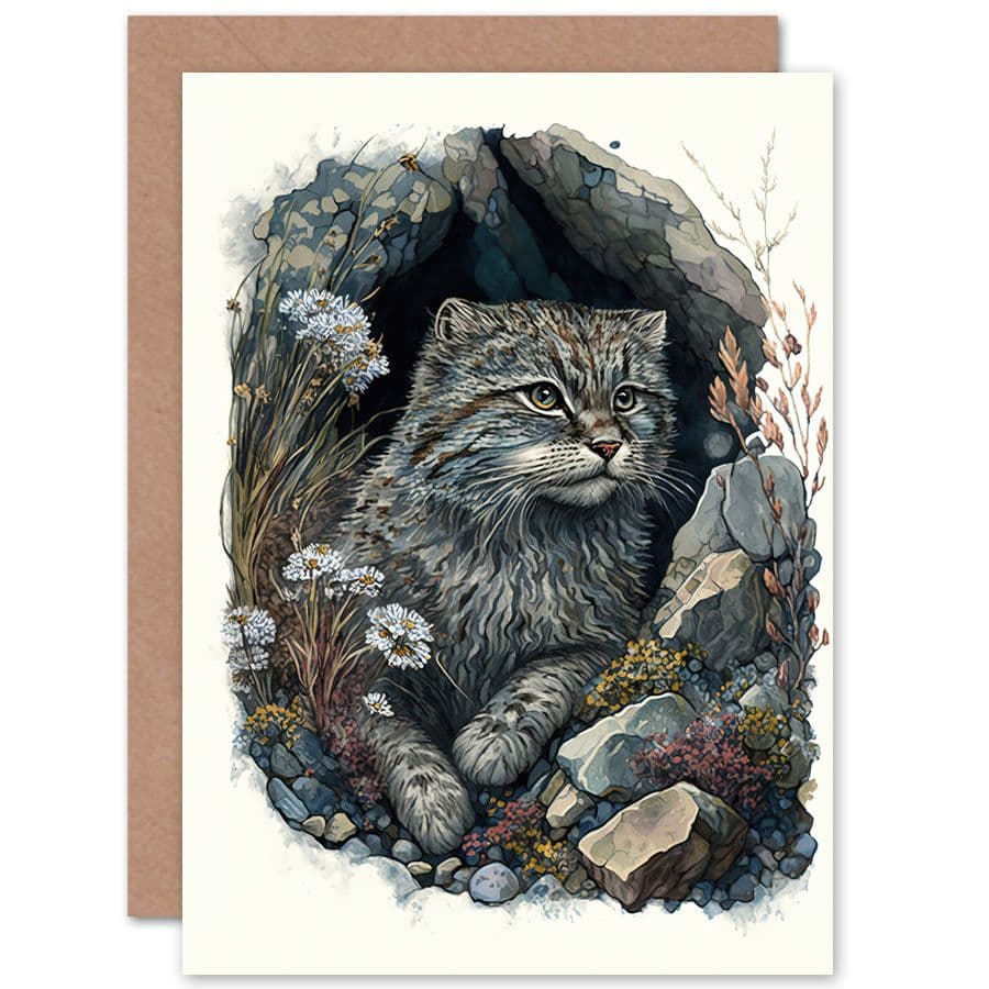 Birthday Card Wild Cat in Rock Cavity with Wildflowers Detailed Watercolour Art Birthday