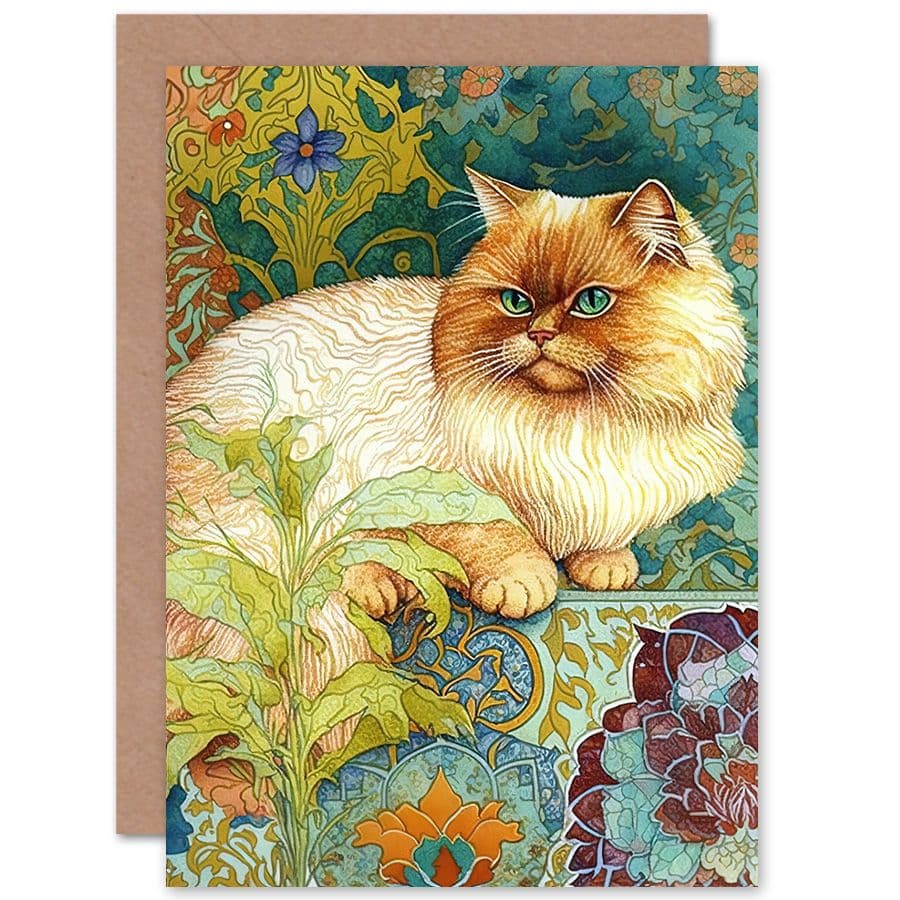 Birthday Card Orange Persian Cat William Morris Inspired Floral Pattern Colourful Modern Art Birthday