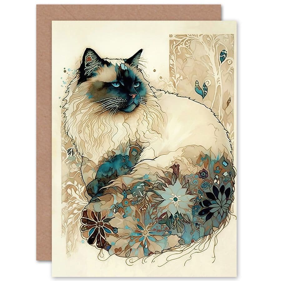Birthday Card Ragdoll Cat Floral Pattern Tail Modern Watercolour Art Birthday