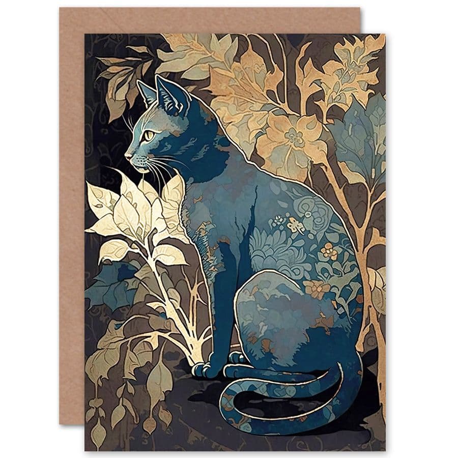 Birthday Card Russian Cat Autumn Plants Floral Pattern Fur Coat Modern Silkscreen Art Birthday