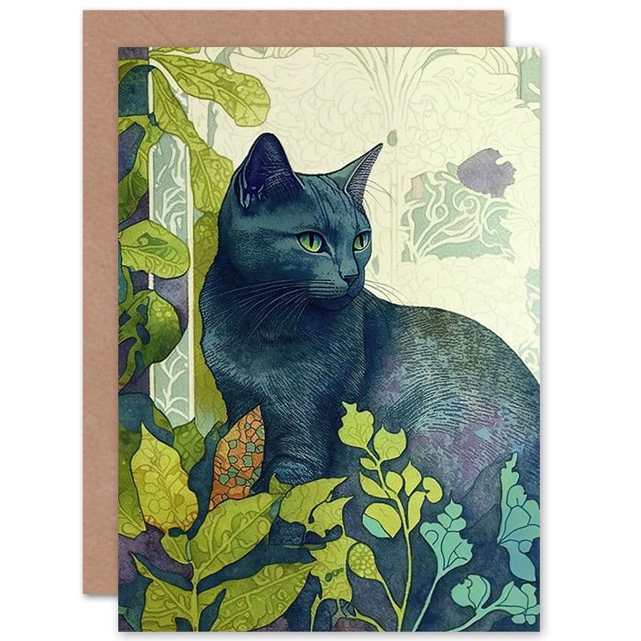 Birthday Card Russian Blue Cat with Bright Ornate Plants Modern Art Nouveau Art Birthday