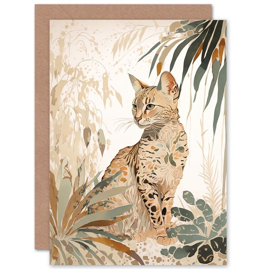 Birthday Card Savannah Cat with Colourful Fur Pattern in Nature Modern Watercolour Art Birthday