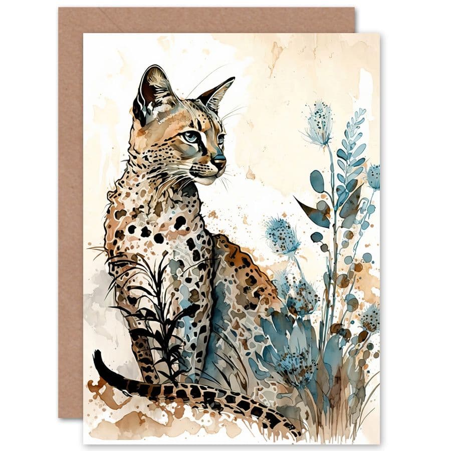 Birthday Card Savannah Cat and Wildflowers Modern Watercolour and Ink Art Birthday