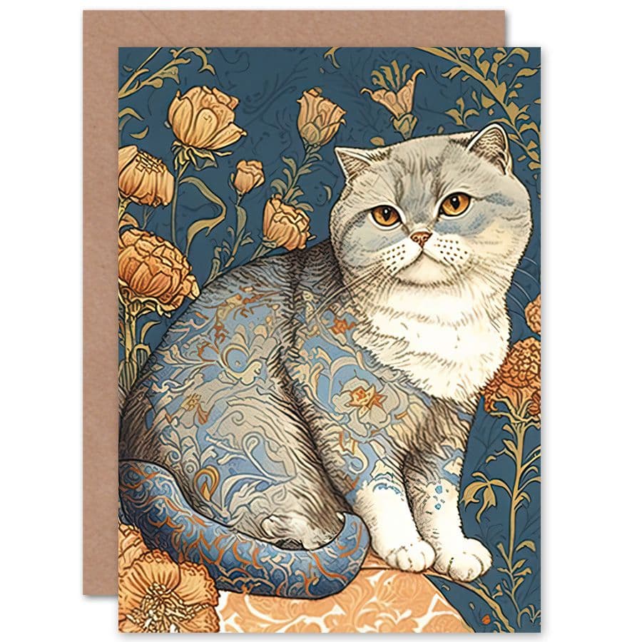 Birthday Card Cute Cat Floral Pattern Fur Autumn Flower Blooms Art Nouveau Modern Art Birthday