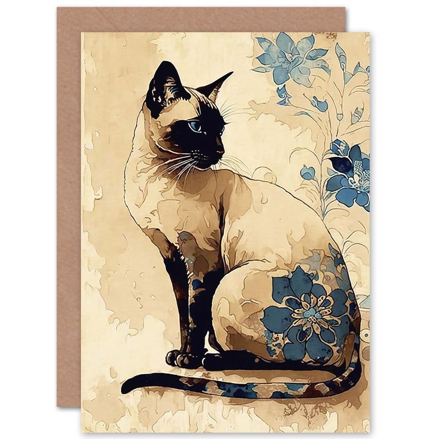 Birthday Card Siamese Cat Flowers Watercolour Ink Modern Art Birthday