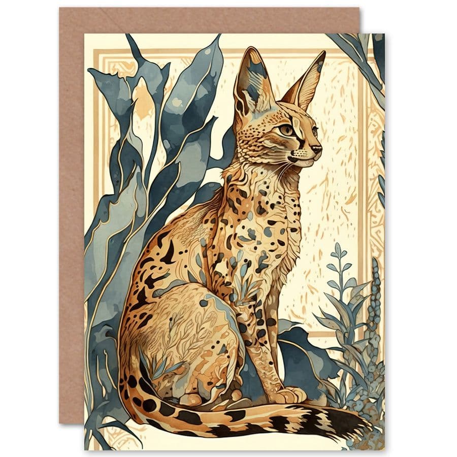 Birthday Card Serval Cat Plants Watercolour Portrait Modern Art Birthday