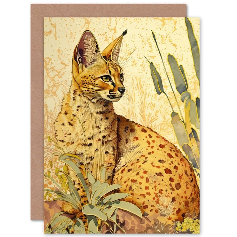 Birthday Card Serval Cat in Nature Detailed Watercolour and Ink Bright Art Birthday