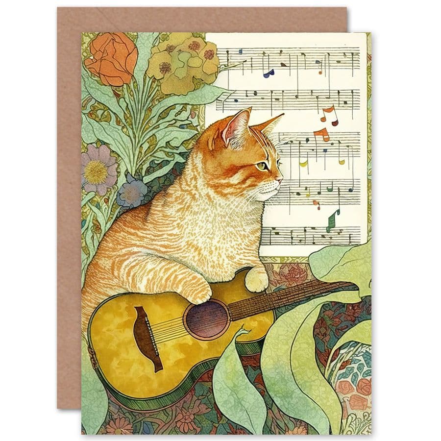 Birthday Card Tabby Cat Guitar Sheet Music Floral Art Nouveau Pattern Art Birthday