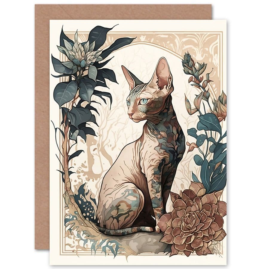Birthday Card Sphynx Cat Flower Blooms Modern Art Nouveau Portrait Art Birthday