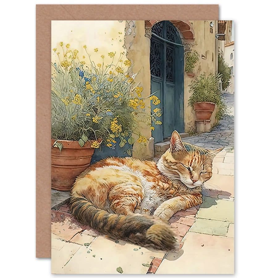 Birthday Card Cat Sunbathing Meditterannean Village Street Watercolour Art Birthday