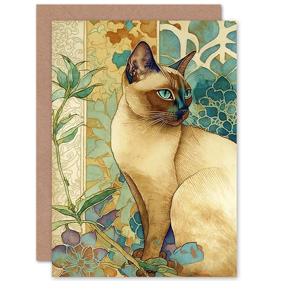 Birthday Card Tonkinese Cat with Art Nouveau Botanical Patterns Colourful Watercolour Art Birthday