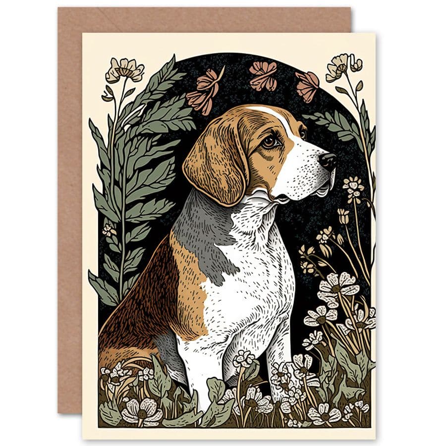 Birthday Card Beagle Dog with Daisies Modern Stylised Art Birthday