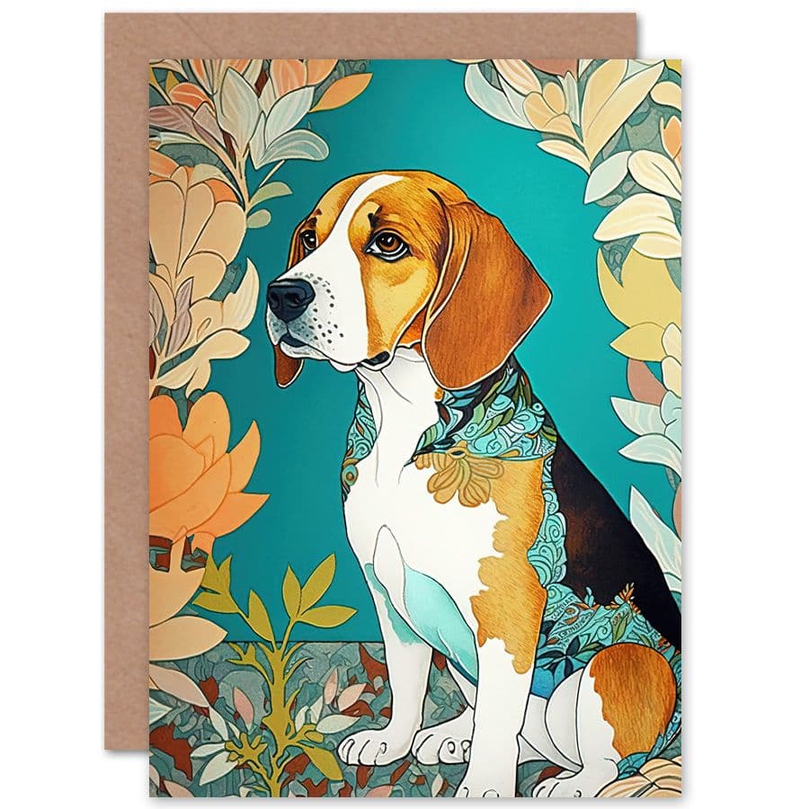 Birthday Card Beagle Dog With Floral Frame and Ornate Fur Coat Colourful Modern Art Nouveau Art Birthday