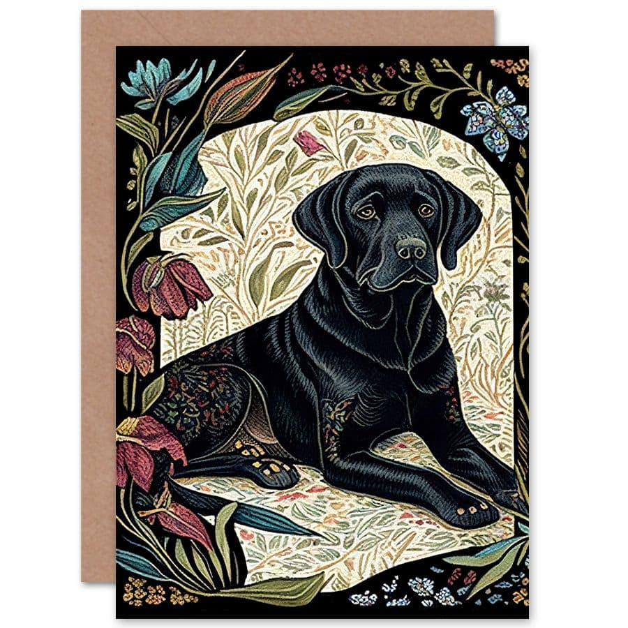 Birthday Card Labrador Dog Floral Patterns Vintage Inspired Linocut Art Birthday