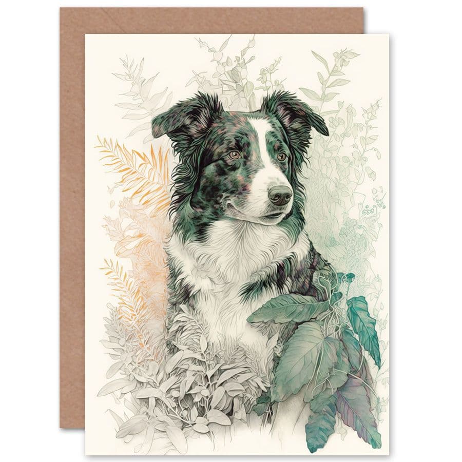 Birthday Card Border Collie Dog in Field Modern Colour Pencil Portrait Art Birthday