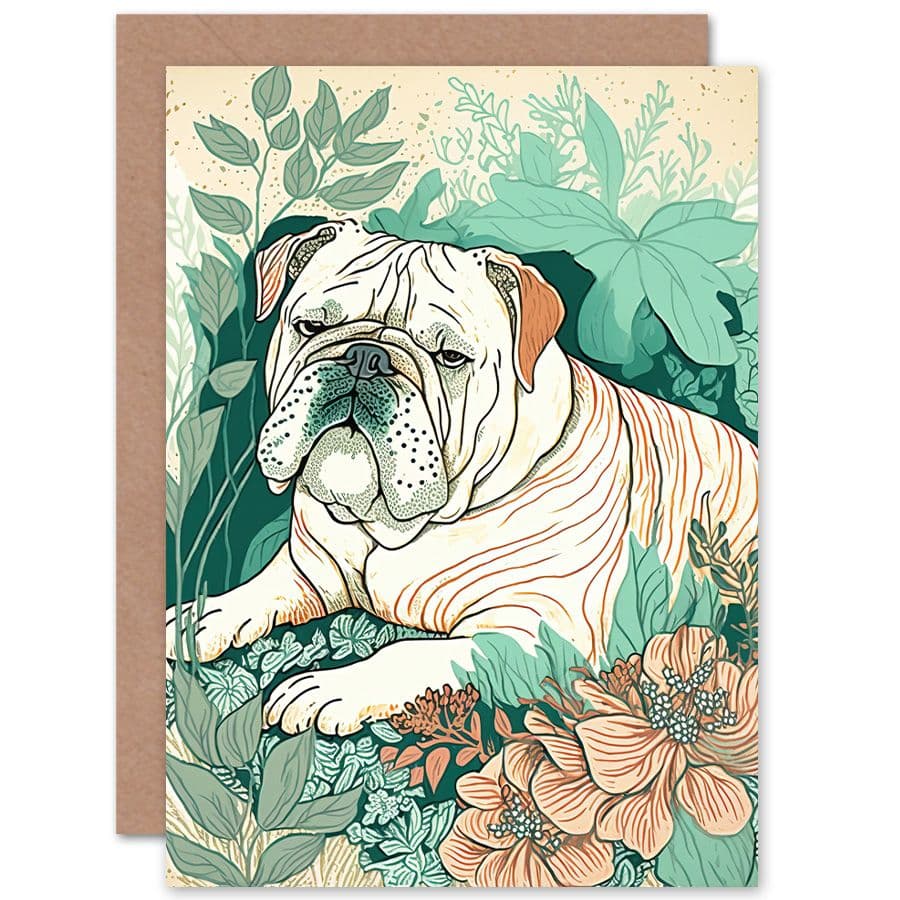 Birthday Card Bulldog Lying in a Flower Field Modern Pastel Colour Linocut Art Birthday