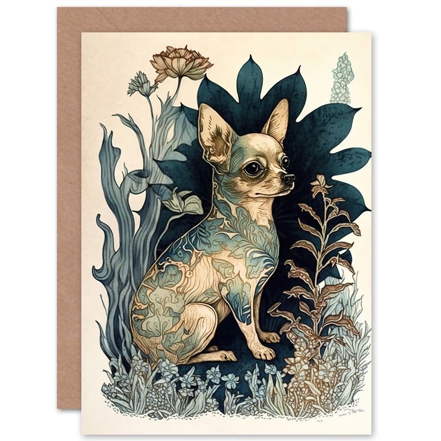 Birthday Card Chihuahua Dog With Floral Pattern Fur Coat Modern Portrait in Flower Field Art Birthday