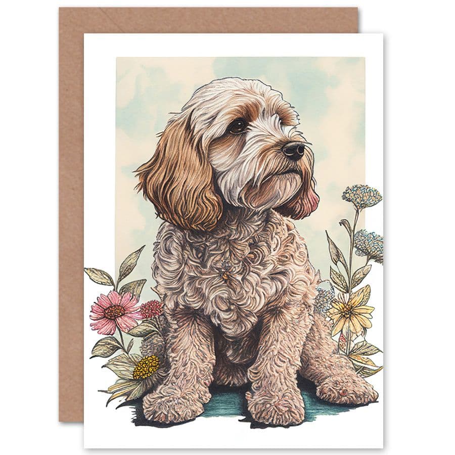 Birthday Card Cockapoo Dog with Spring Wildflowers Soft Watercolour Art Birthday