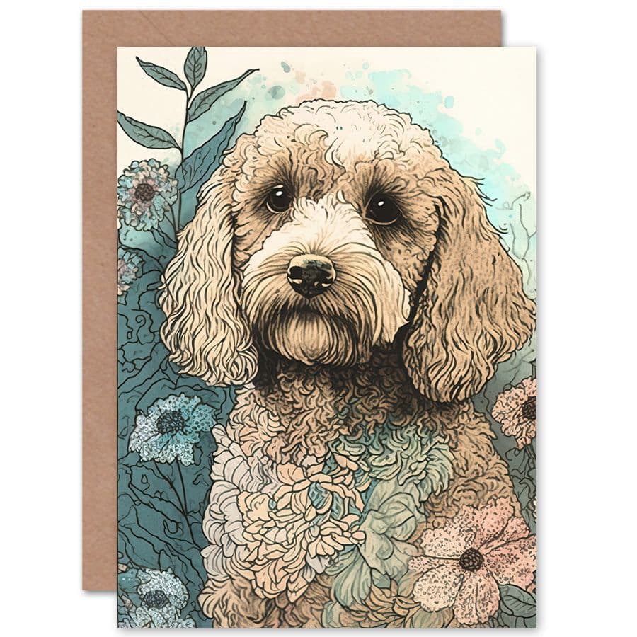 Birthday Card Cockapoo Dog in Wildflower Field Pastel Watercolour Art Birthday