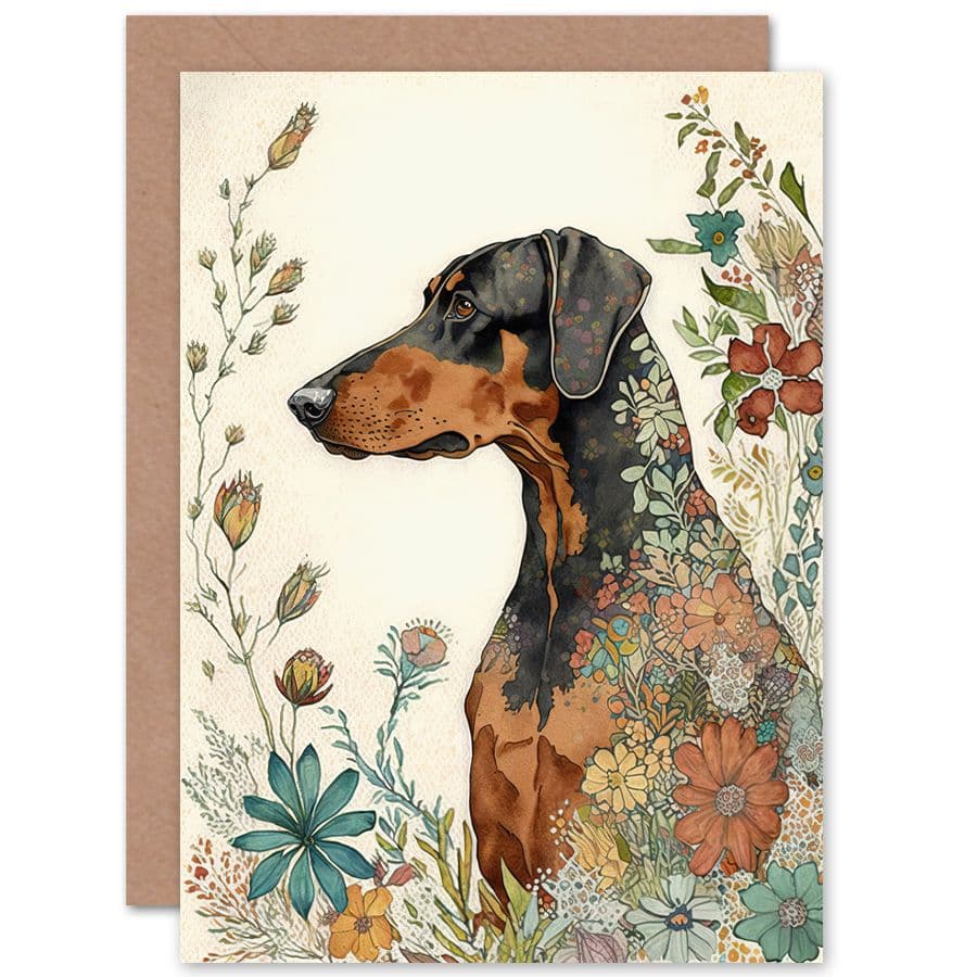 Birthday Card Doberman Dog with Spring Flowers Colourful Watercolour Art Birthday