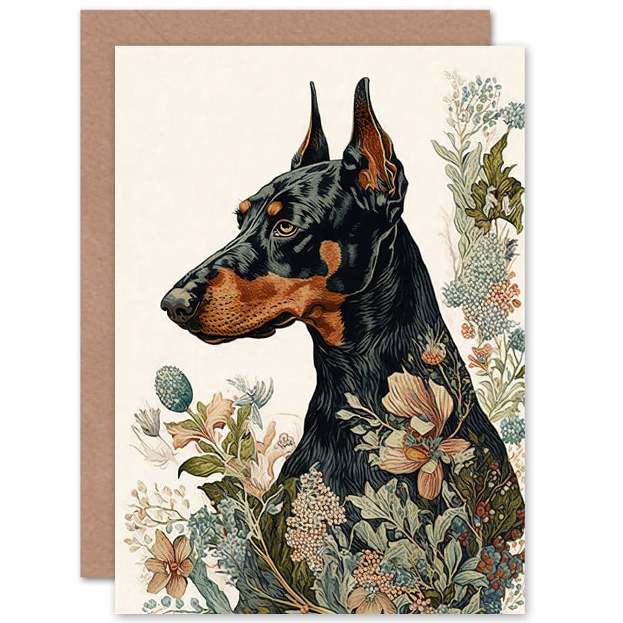 Birthday Card Doberman Dog with Wild Flowers Boho Watercolour Art Birthday