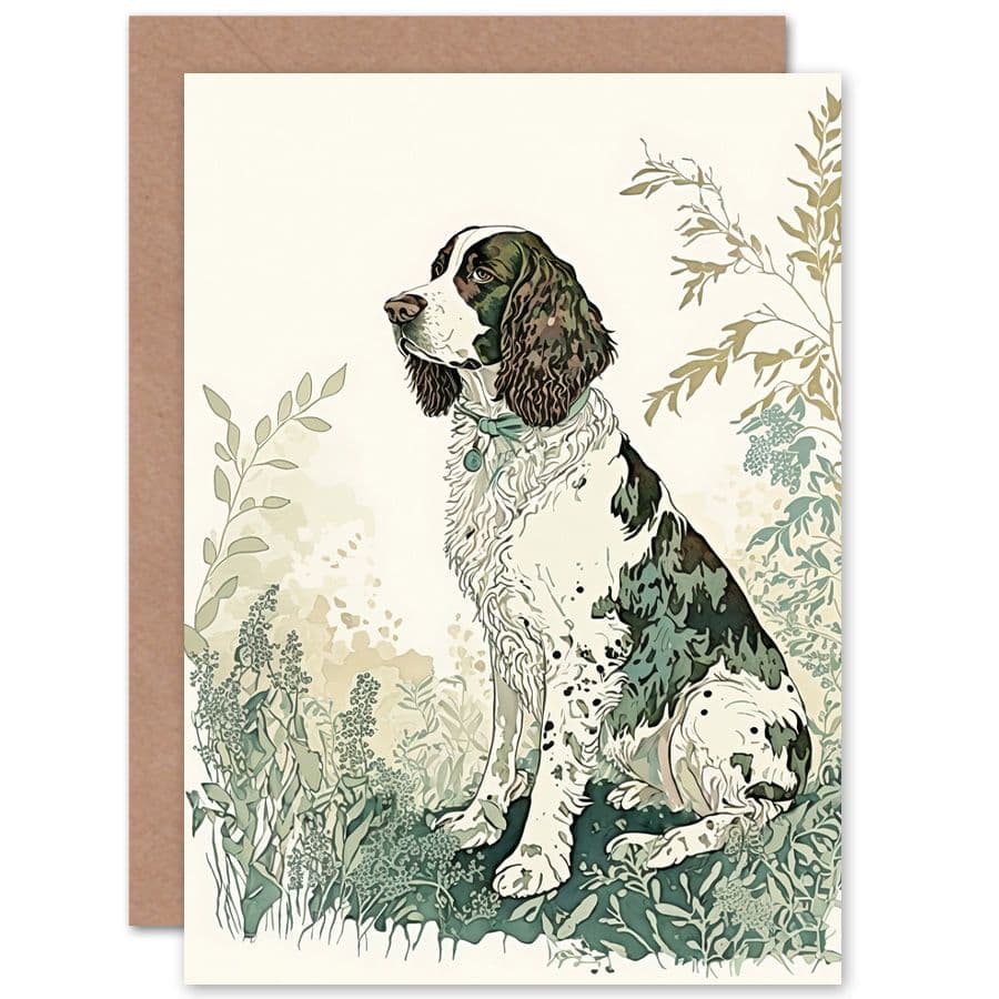 Birthday Card English Springer Spaniel Dog Field Modern Pastel Watercolour Art Birthday