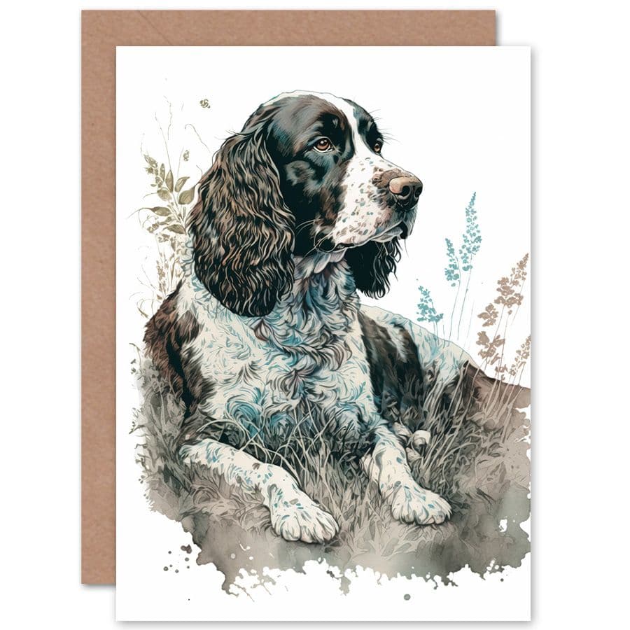 Birthday Card English Springer Spaniel Dog Lying Field Modern Watercolour Art Birthday
