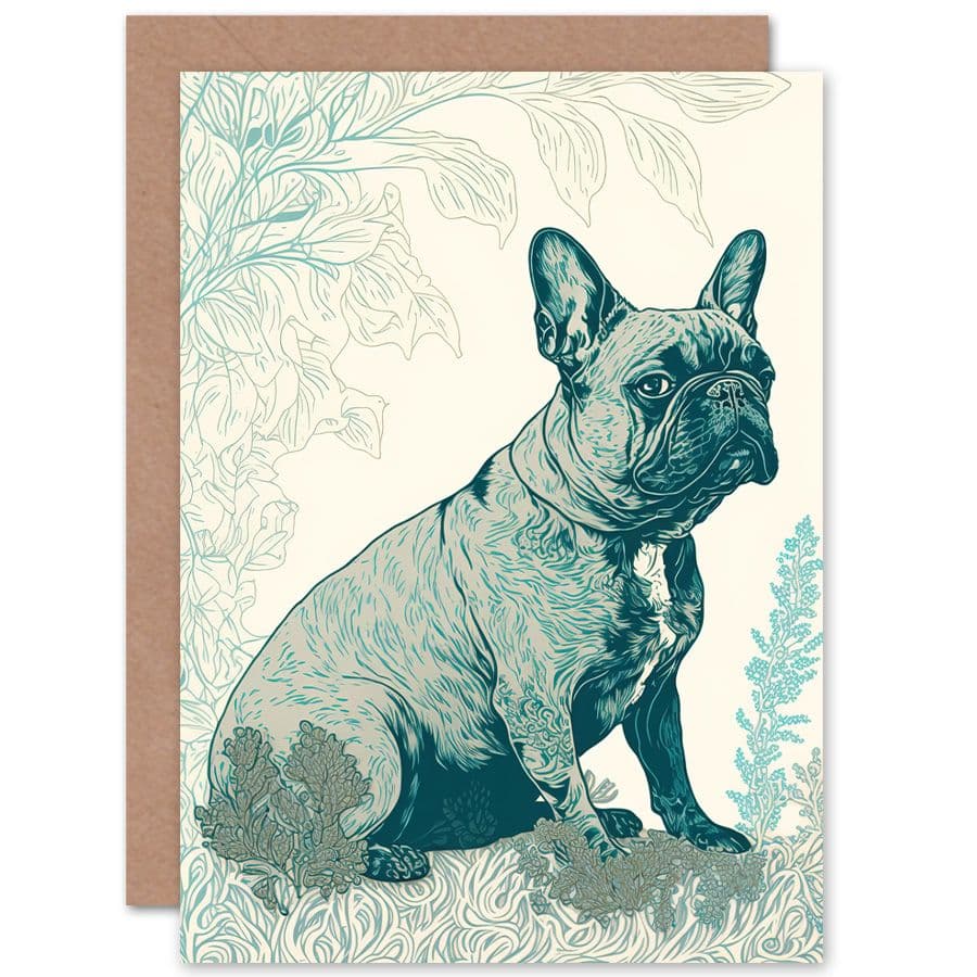 Birthday Card French Bulldog Sitting Park Modern Monochrome Linocut Art Birthday