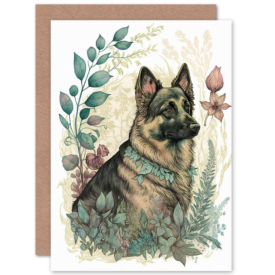 Birthday Card German Shepherd Dog Leaf Collar Spring Field Boho Pastel Watercolour Art Birthday