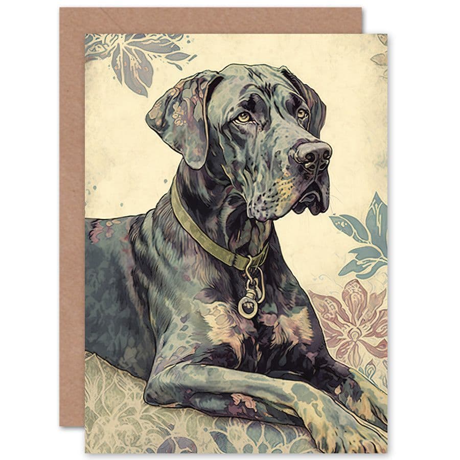 Birthday Card Great Dane Dog with Floral Pattern Modern Linocut Art Birthday