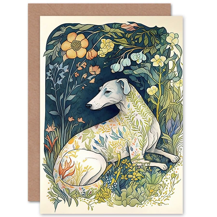 Birthday Card Greyhound Dog Floral Pattern Fur Coat lying Flower Field Modern Art Birthday