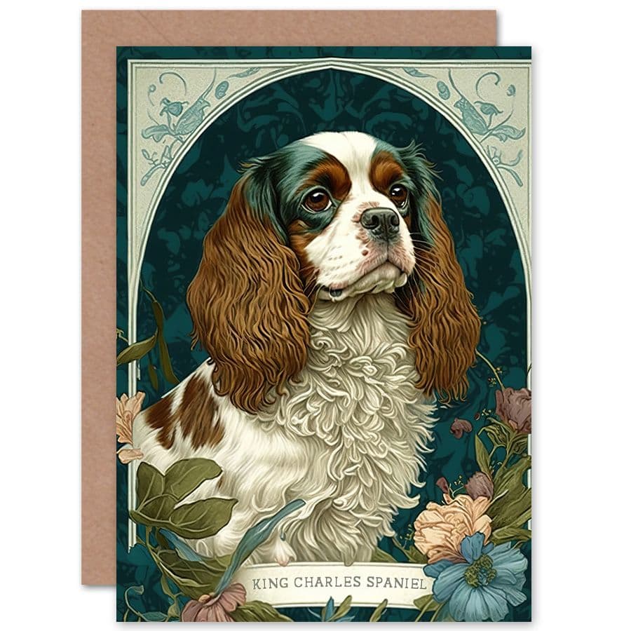 Birthday Card King Charles Spaniel Dog Flower Blooms Modern Art Nouveau Art Birthday
