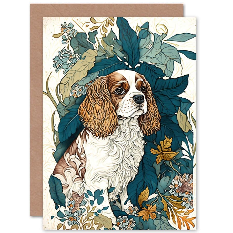 Birthday Card King Charles Spaniel Dog Leafy Plants Modern Art Birthday