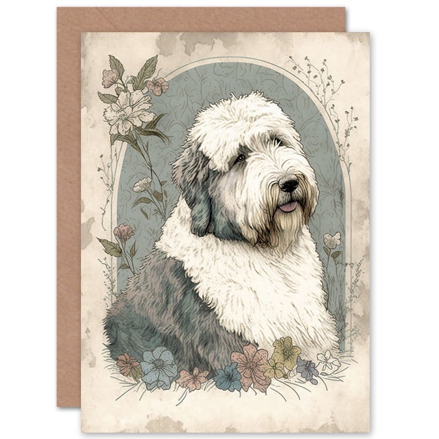 Birthday Card English Sheepdog with Flower Blooms Boho Portrait Watercolour Art Birthday