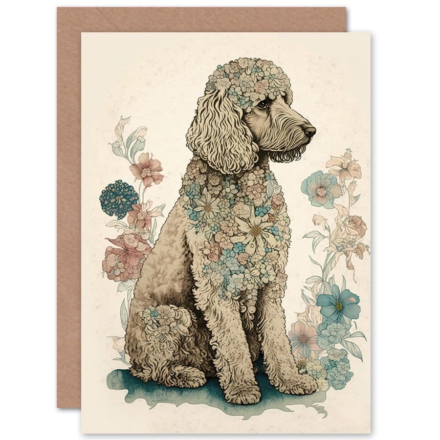 Birthday Card Poodle Dog with Flower Fur Coat Modern Boho Watercolour Art Birthday