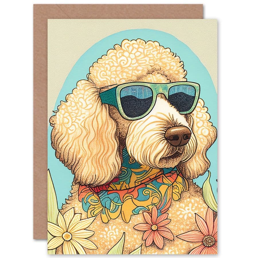 Birthday Card Poodle Dog with Sunglasses and Bandana in Daisies Modern Multicoloured Art Birthday