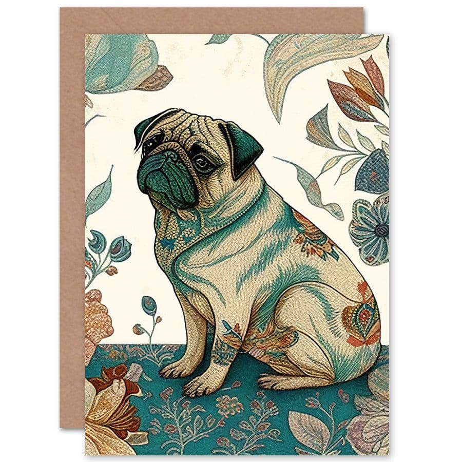 Birthday Card Pug Dog Floral Patterns Vintage Inspired Multicoloured Linocut Art Birthday