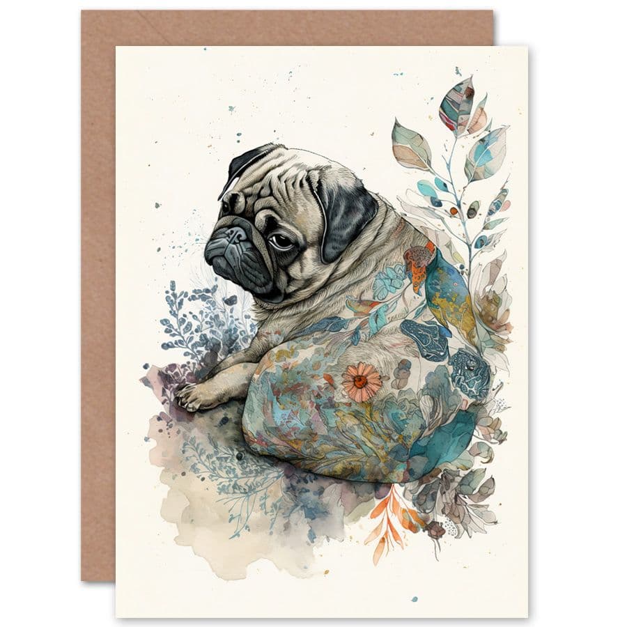 Birthday Card Pug Dog with Floral Pattern Modern Multicoloured Watercolour Art Birthday
