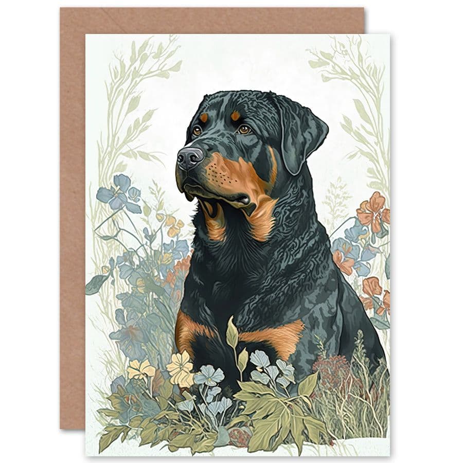 Birthday Card Rottweiler Dog Sitting Flower Field Modern Watercolour Art Birthday