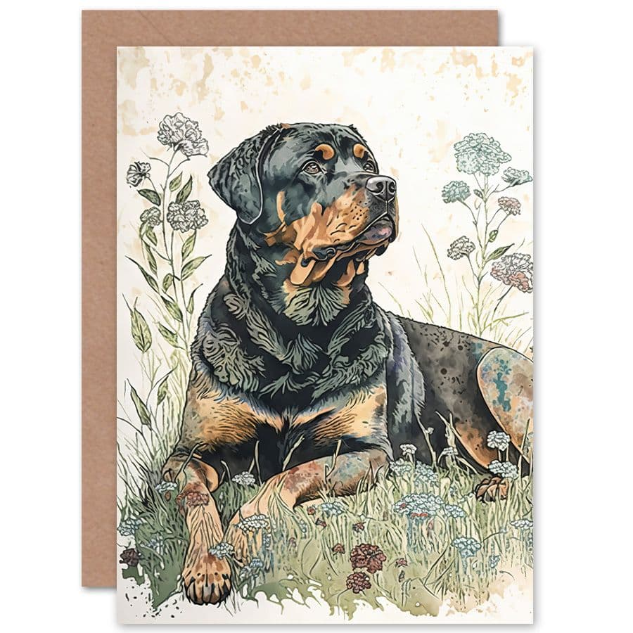 Birthday Card Rottweiler Dog Lying Wildflowers Bright Watercolour Art Birthday