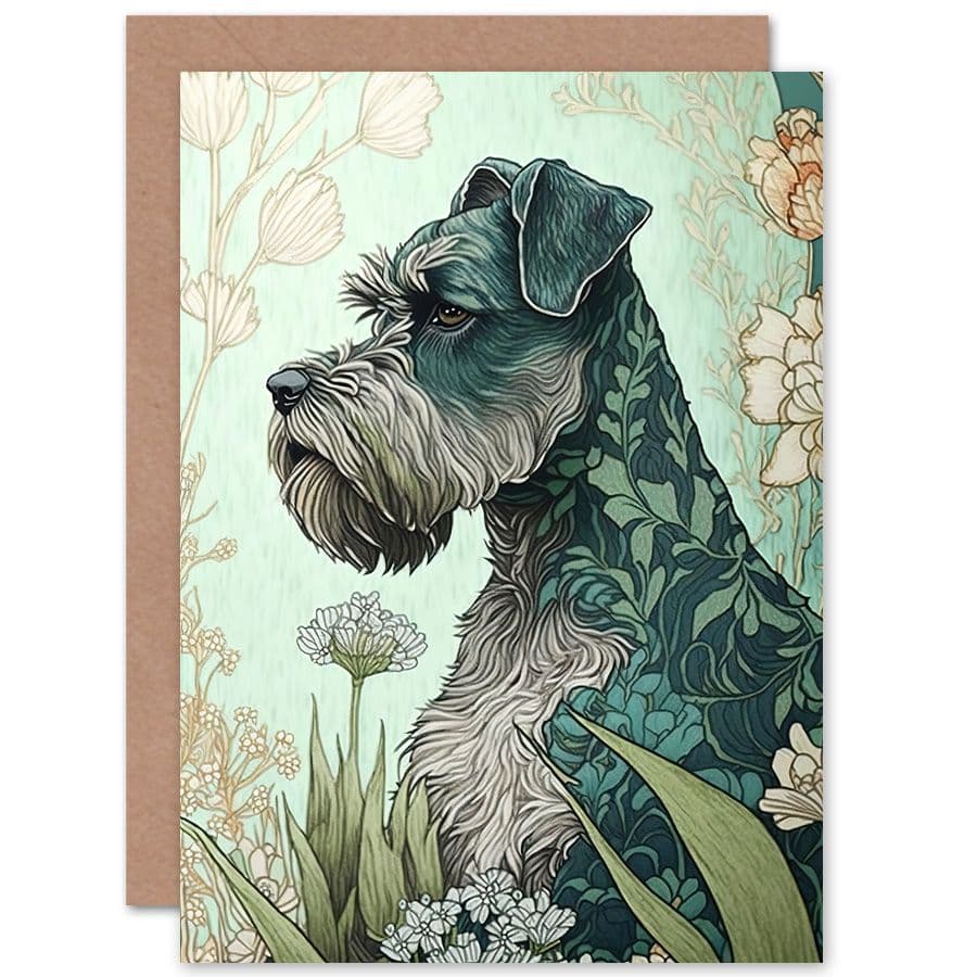 Birthday Card Grey Schnauzer Dog with Floral Pattern Fur Coat in Flowers Modern Watercolour Art Birthday