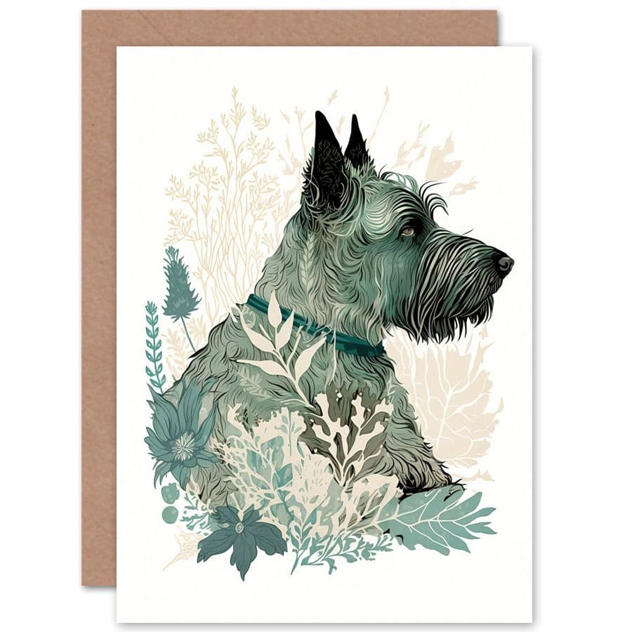 Birthday Card Scottish Terrier Dog Lying Flower Field Modern Teal Art Birthday