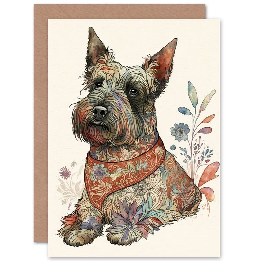 Birthday Card Scottish Terrier Dog Flower Pattern Fur Coat Modern Watercolour Art Birthday