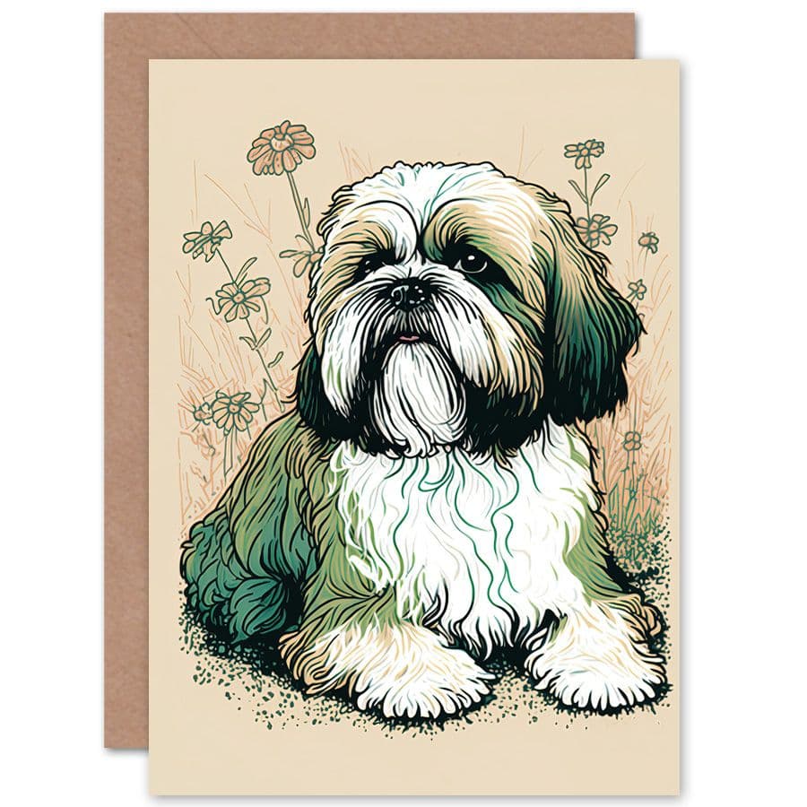 Birthday Card Shih Tzu Dog with Daisies Modern Multicoloured Linocut Art Birthday