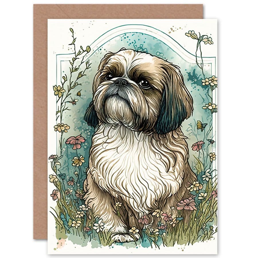 Birthday Card Shih Tzu Dog Wildflowers Modern Art Nouveau Inspired Art Birthday