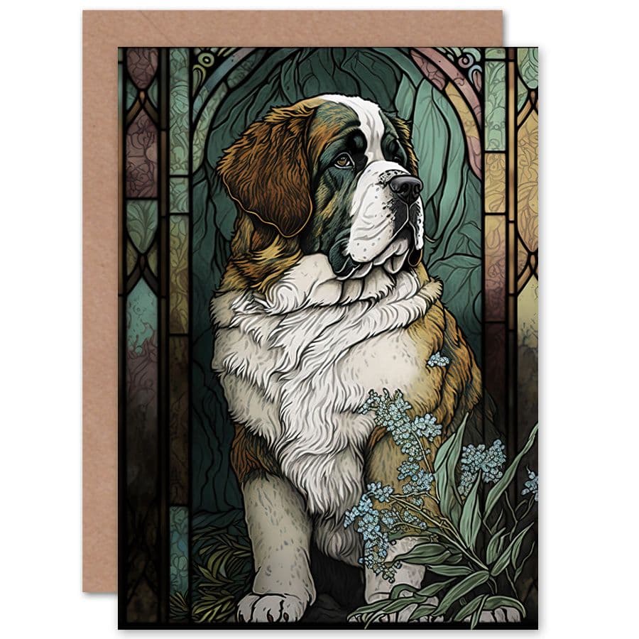 Birthday Card St Bernard Dog Silvery Lupine Flowers Modern Art Nouveau Art Birthday