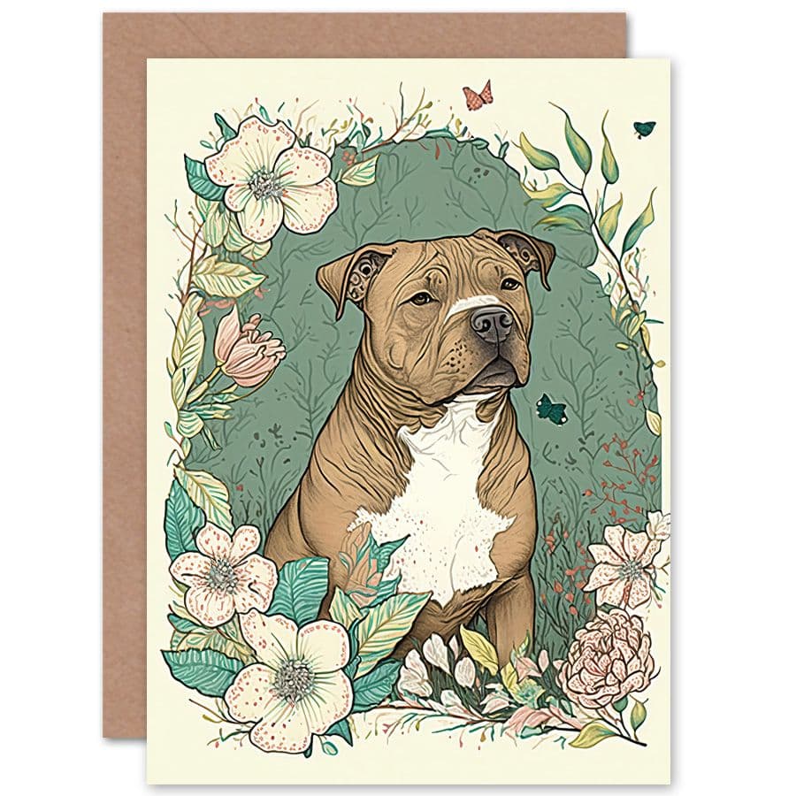 Birthday Card Staffordshire Bull Terrier Dog Flowers Modern Pastel Boho Art Birthday