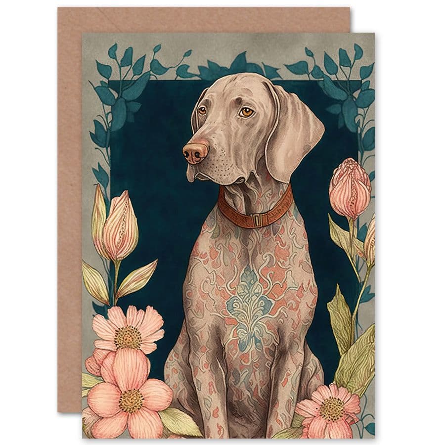 Birthday Card Grey Weimaraner Dog with Ornate Pattern Fur Coat and Flowers Modern Art Nouveau Art Birthday